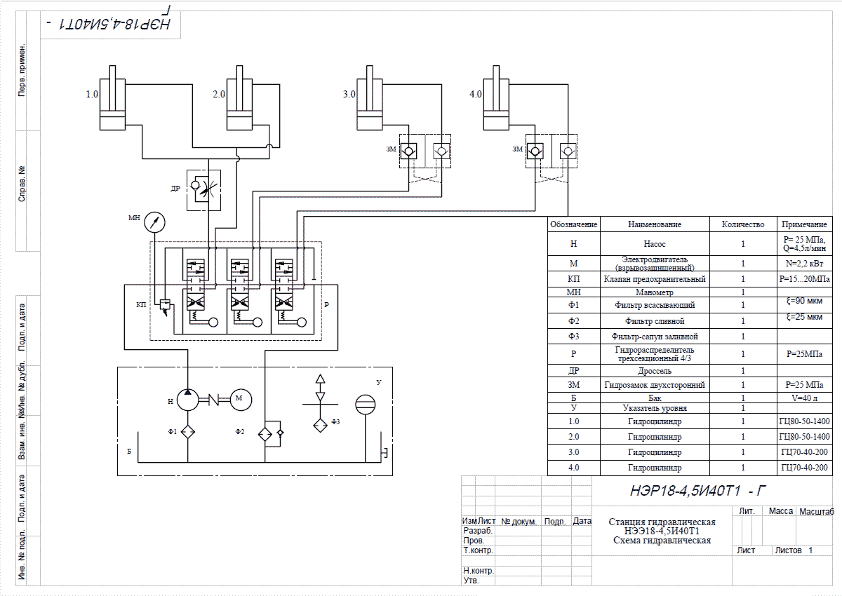 Гидравлическая схема гидростанции с ручным управлением НЭР18-4,5И40Т1