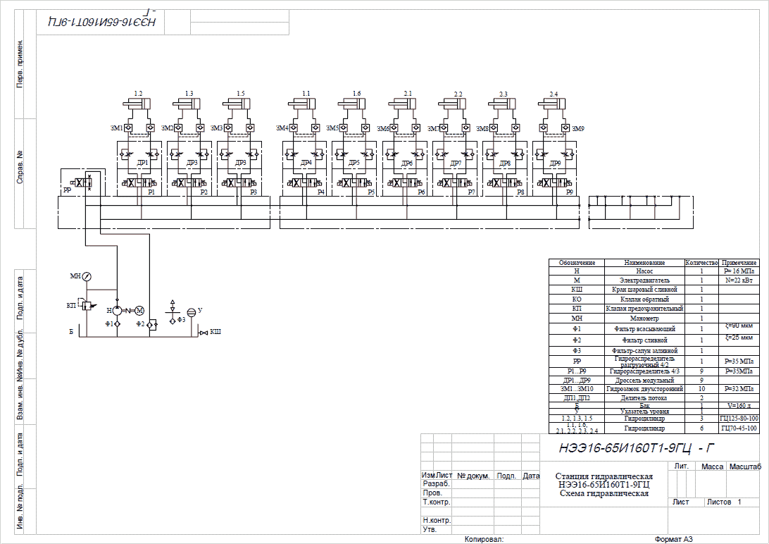 Гидравлическая схема маслостанции для комплекса прессов бетонного производства НЭЭ16-65И160Т1-9ГЦ