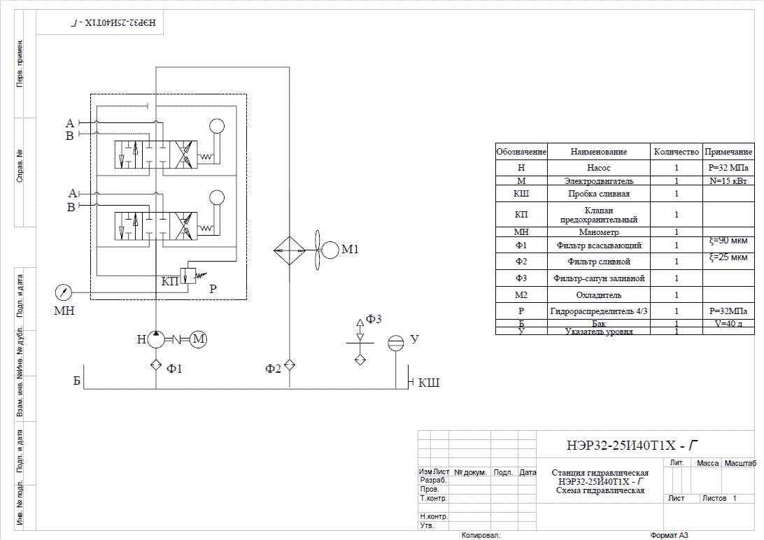 Гидравлическая схема гидростанции для испытательного стенда НЭР32-25И40Т1Х-Г